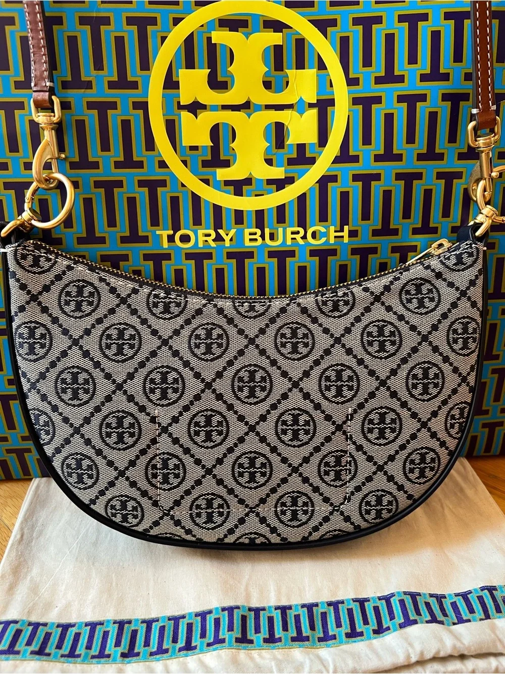 Tory Burch Navy Blue T Monogram Jacquard Mini Curved Hobo Bag